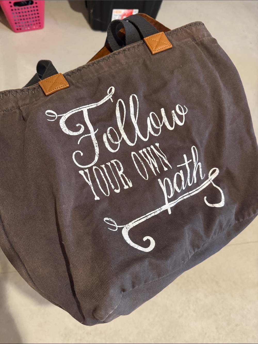 thirty-one Brown Canvas Tote with White 'Follow Your Own Path' Script